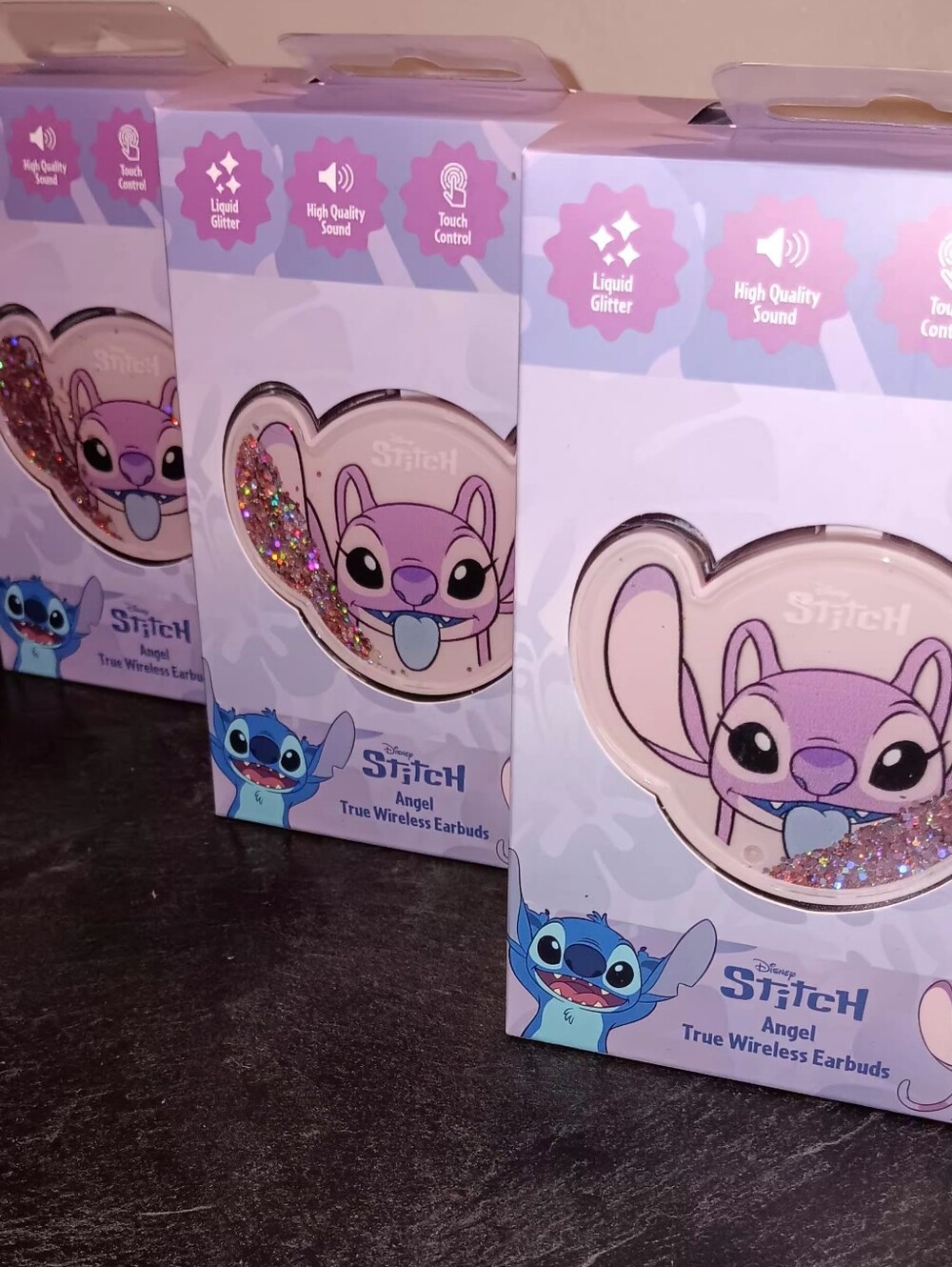 Disney Stitch Angel True Wireless Earbuds in Pink with Liquid Glitter